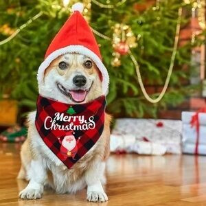 Christmas Dog Bandanna Tartan Plaid Merry Christmas Graphic Tie On Black Red OS